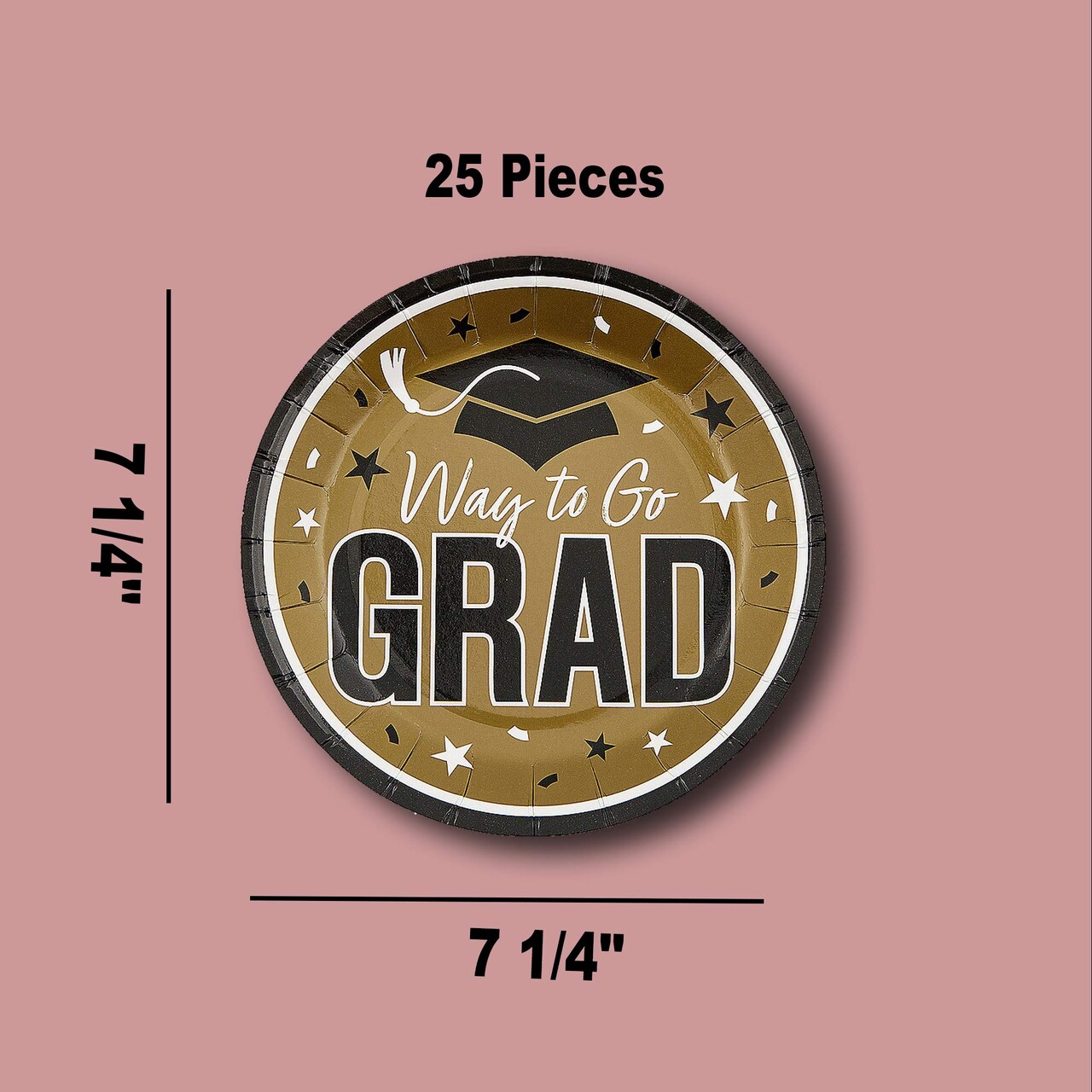 25 Count Gold Way to Go Grad Paper Dessert Plates 7.25 Inch Graduation Party Decorations